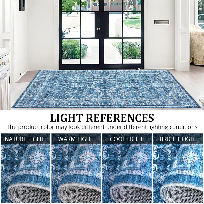 Vintage Area Rug 5x7 Washable Foldable Distressed Accent Carpet Non-Skid Oriental Print Low-Pile Non-Shedding Thin Floor Mat for Bedroom (Blue)