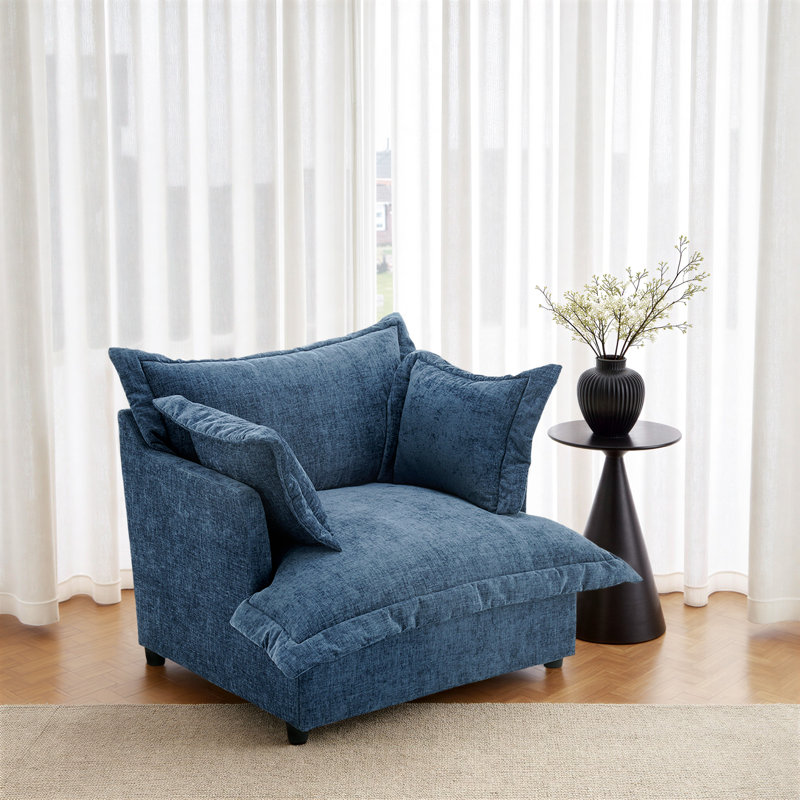 Plush Navy Upholstered Chenille Accent Chair with Oversized Cloud Cushions, Navy