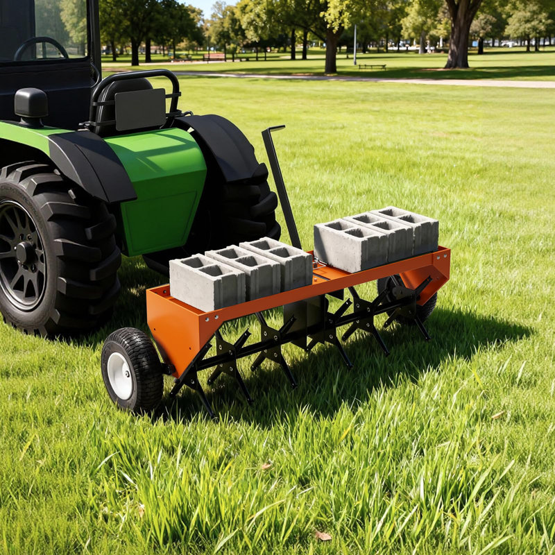 Aérateur de prise de gazon robuste de 48 pouces - 24 dents en acier, plateau de poids réglable de 150 lb, attelage universel, pneus pneumatiques - Aération profonde pour pelouses, jardins, tracteurs, VTT - Orange