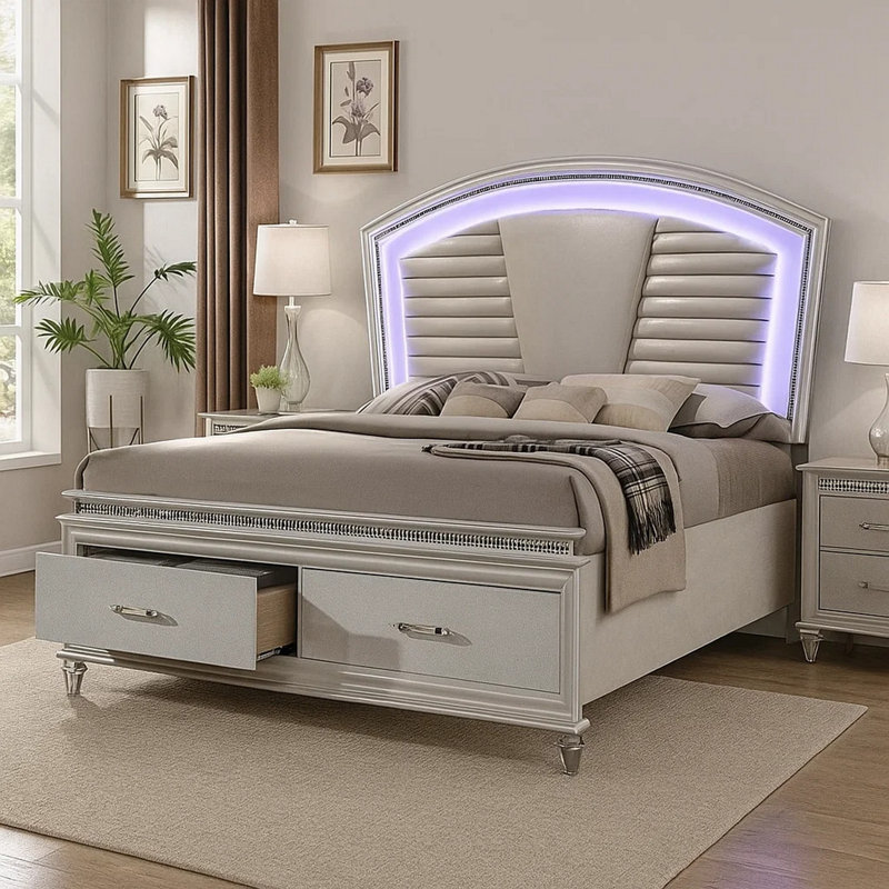 Grand lit Sam avec lumières DEL, rangement, similicuir capitonné blanc, Blanc / transparent / blanc nacré, Grand