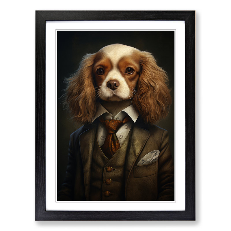 Cavalier King Charles Spaniel in a Suit Painting - Framed Print, 34cm H x 25cm W x 2cm D, Black