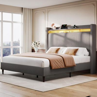 Corduroy Upholstered Platform Bed Frame With Led Lights & Charging Station, Wingback Storage Headboard