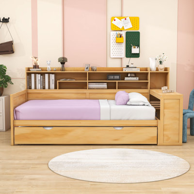 Wooden Daybed with Storage Shelves, Trundle Bed and Study Desk by Lark Manor