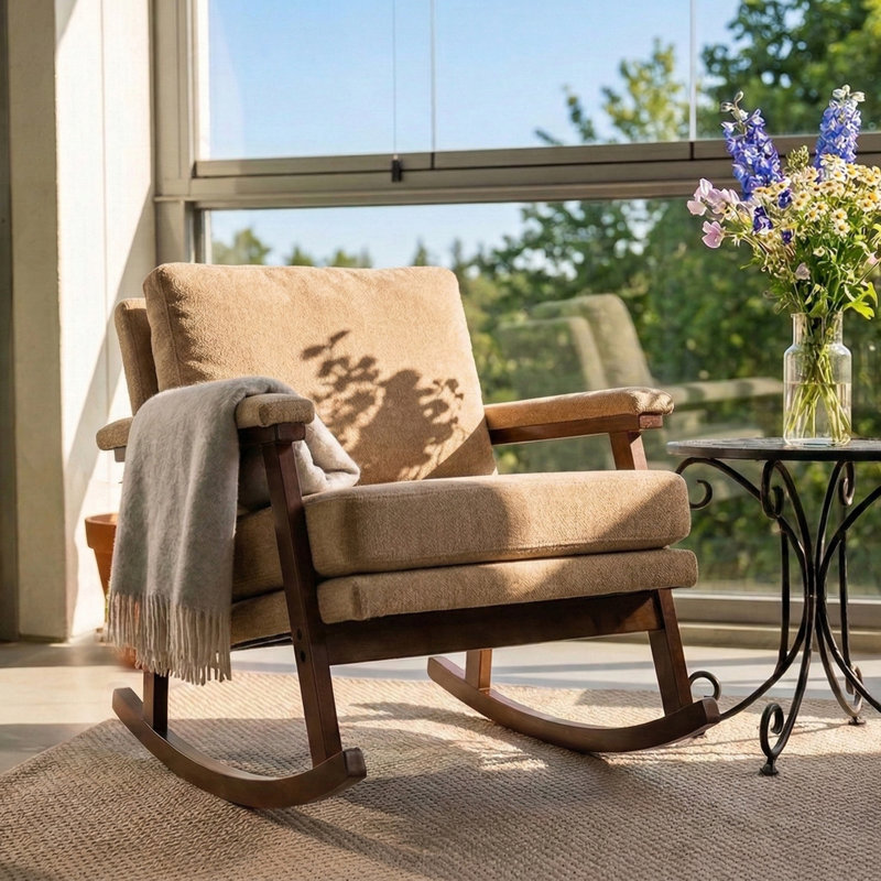 Chaise berçante moderne avec structure en bois massif et coussin moelleux, Kaki