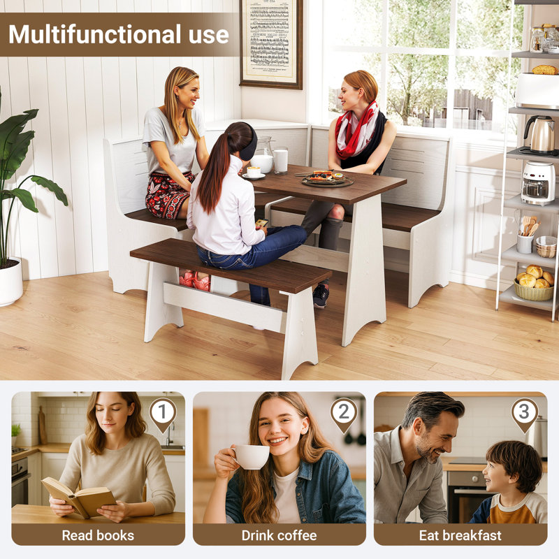 Modern 3-Piece Solid Wood Corner Breakfast Nook Set With Storage – Reversible L-Shape Bench With Hidden Compartments, Space-Saving 3–5 Seat Dining For Kitchen Or Family Home