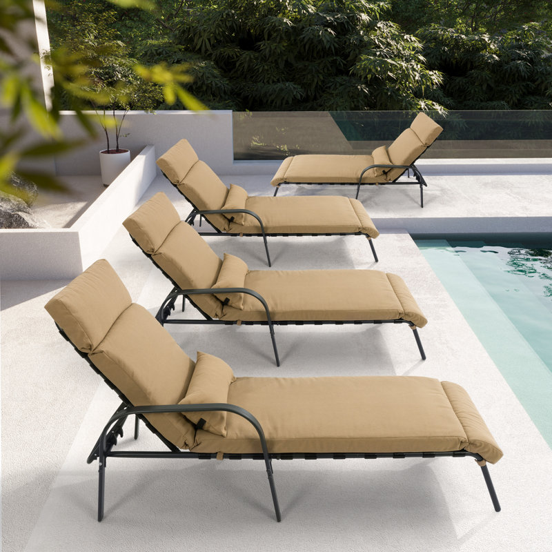 Outdoor Powder Coated Steel Chaise Lounge  With Cushions, Tan