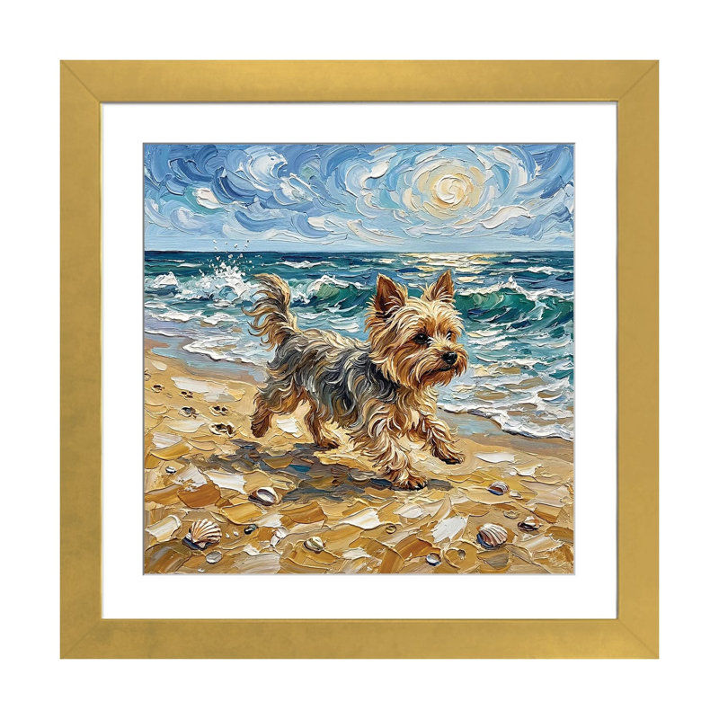 «Beach Days - Yorkie Wall Art Print», papier d'art encadré, 16" x 16", Framed Paper, Gold