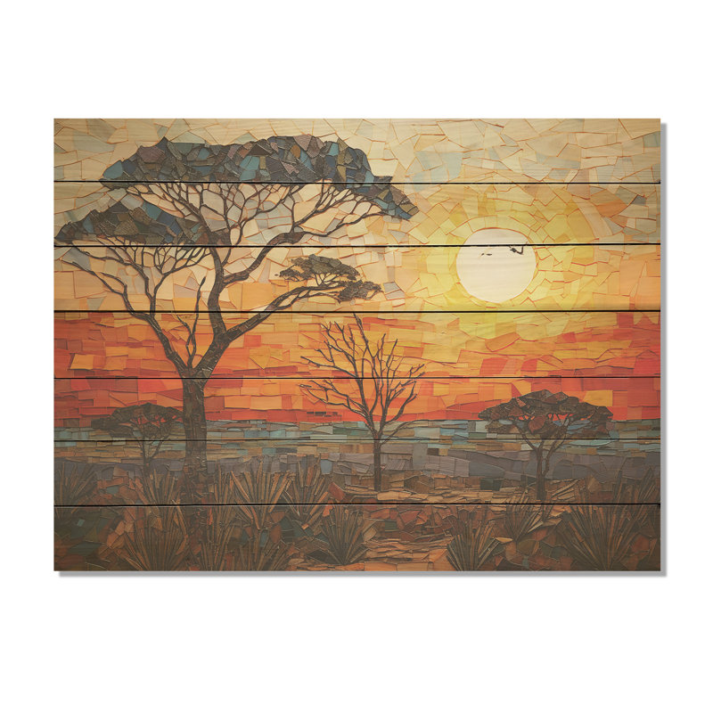 Savannah Sunset in African Safari Hues I - mosaïque bohème sur bois, H 30 po x l 40 po