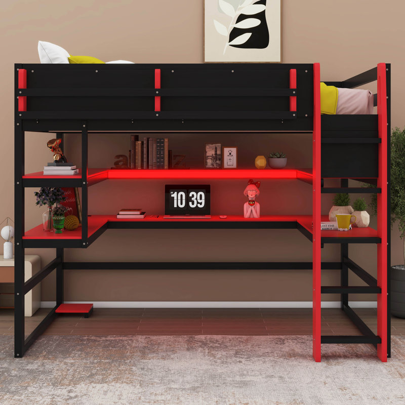Lit mezzanine double en bois avec bureau, unité de rangement latérale, nombreuses tablettes et éclairage RVB, Rouge