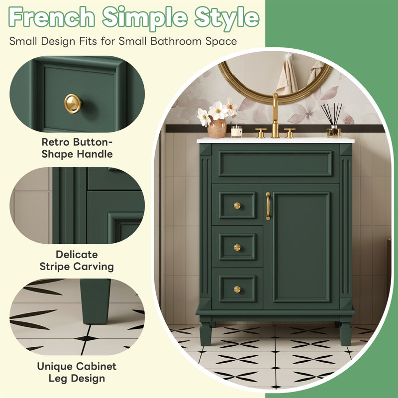 24"W Freestanding Single Bathroom Vanity with Ceramic Sink Top and Soft-Close Cabinet, Green/Gold