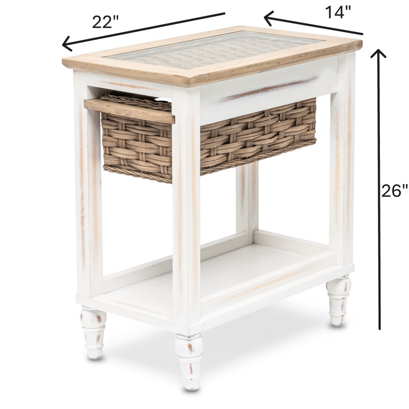 Ewart Beachside Chairside with Wicker Rattan Basket End Table with Glass Inlay, White