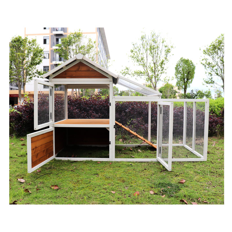 Grand poulailler d'extérieur en bois - 77 po, jaune brun, planche imperméable, avec nichoir, cage à oiseaux et à lapins