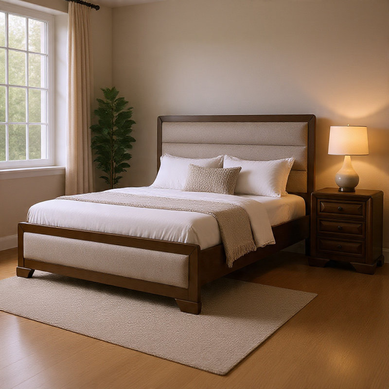 Ensemble de chambre à coucher grand lit, brun, bronze, bois gris clair, ensemble de 2 pièces avec table de chevet