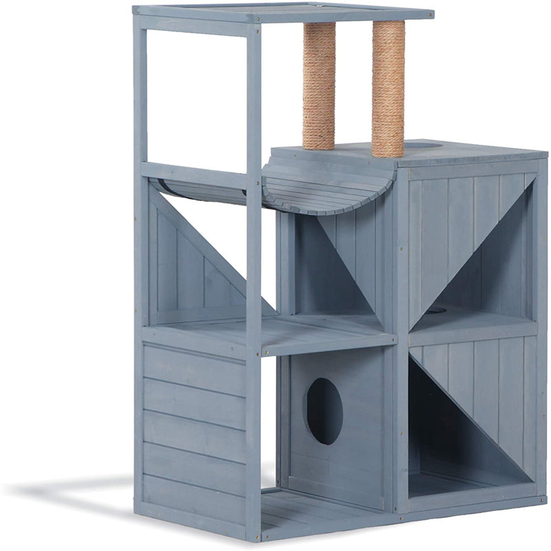 Gray Solid Wood Cat Condo with Sisal Scratchers
