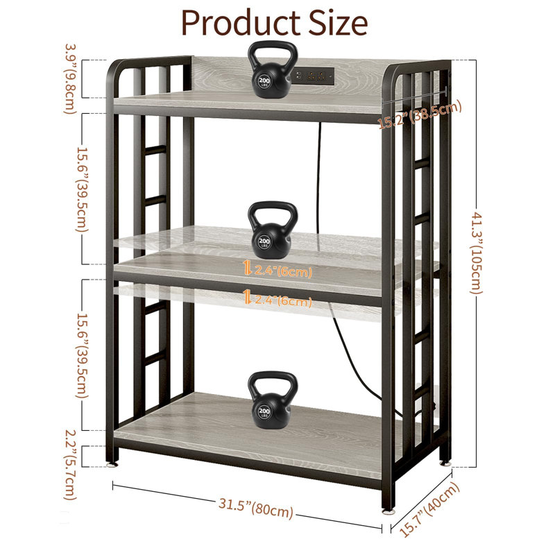 Étagère de boulanger avec prise électrique, chariot à micro-ondes réglable à 3 niveaux, support pour micro-ondes avec rangement, étagère à épices, roulettes verrouillables, coin café (gris igname)
