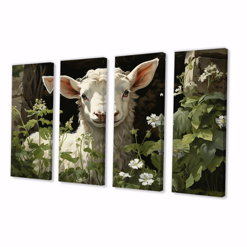 «White Baby Goat Floral Meadow II», ensemble d'art mural 4 pièces, H 32 po x l 64 po