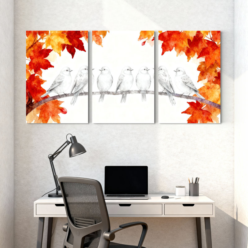 «Birds Birds on Branch Autumn Leaves», ensemble de 3 impressions sur toile, H 24 po x l 48 po