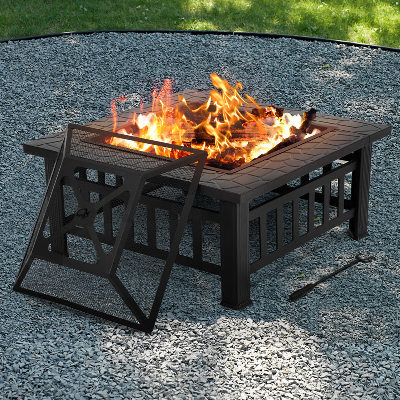 Fire Pit 32 Inch Square Metal Firepit Stove Portable Patio Garden Fireplace Multifunction Outdoor Fire Pit Table for Camping Heating Bonfire Picnic