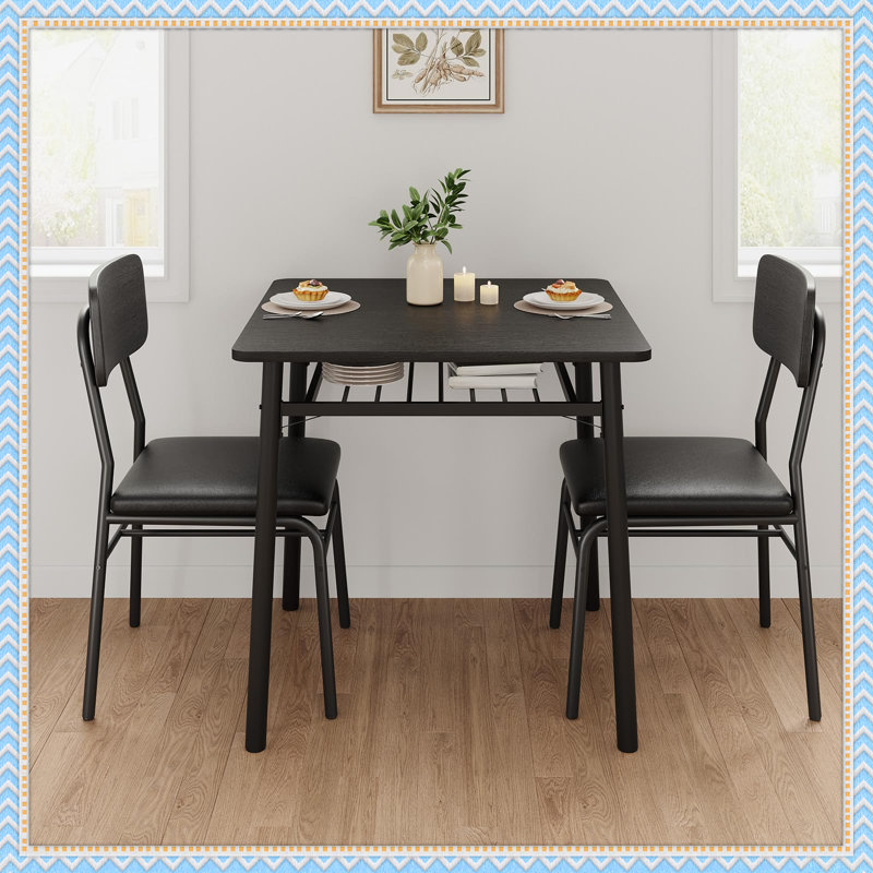 3-Piece Dining Table Set for 2 with Storage Rack – Modern Space-Saving Kitchen Table and 2 Upholstered Chairs, Wood Top & Metal Frame for Small Apartment, Breakfast Nook, or Dining Room