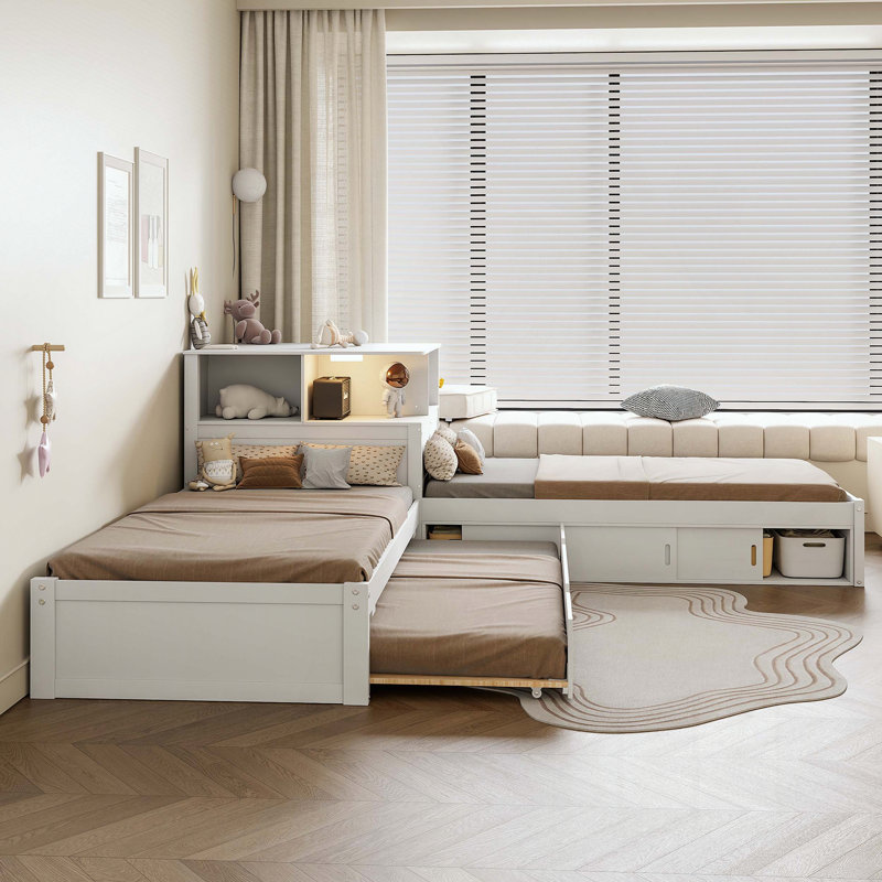 Lit plateforme simple en L avec rangement, bureau, lit gigogne et lumière DEL, Tablettes; armoire, Blanc