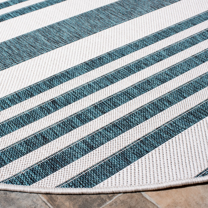 Tapis bleu sarcelle rayé intérieur / extérieur Husse, Rond 6 pi 7 po