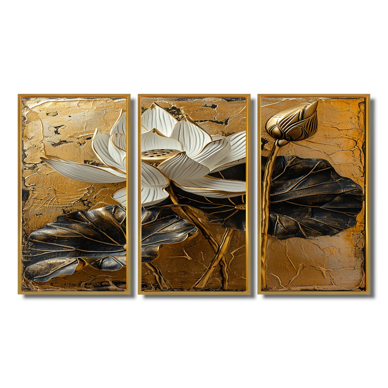 Boncelles - lot d'art mural lotus, Cadre flottant doré, H 32 po x l 48 po x P 1 po