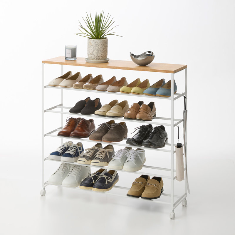 Yamazaki Home Tower Rolling Five-Tier Shoe Rack, Steel Frame With Wooden Top, Space-Saving Shoe Organizer On Wheels, 34" - Steel + Wood -