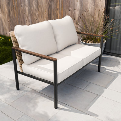 Outdoor Patio Metal Frame Wicker Backrest Wood Grain Armrest Loveseat with Cushions
