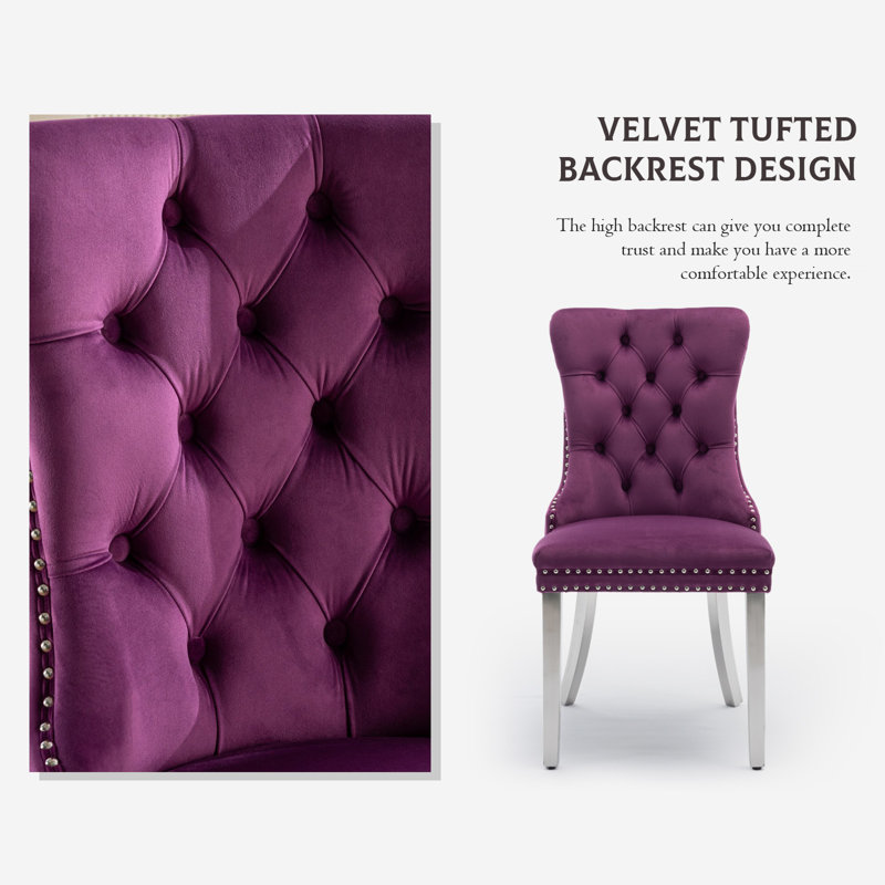 Velvet Fabric Upholstered Dining Chairs Set of 4 with Sliver Legs,Purple, Silver, Purple