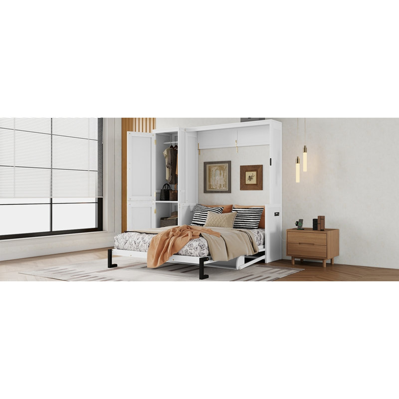 Grand lit escamotable en bois avec garde-robe et bureau encastrés