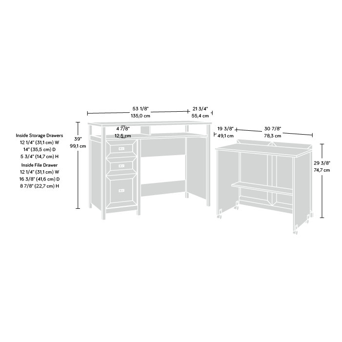 White Wood Credenza Desk with Drawer and Filing Cabinet