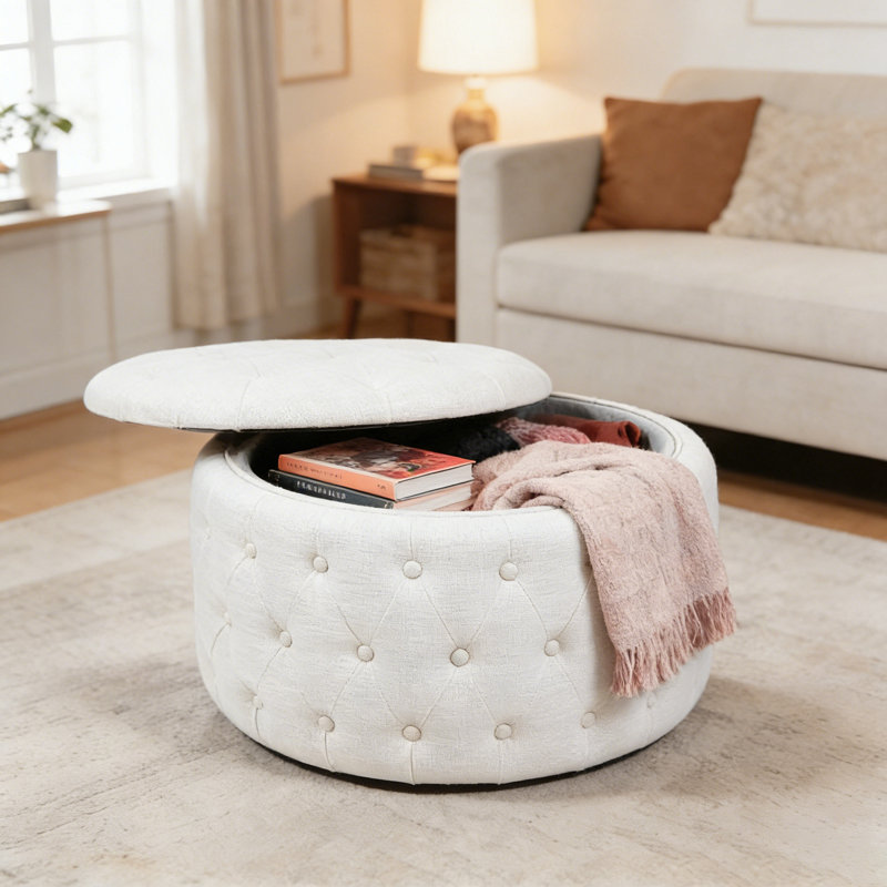 Fully Assembled Round Storage Ottoman with Deep Diamond Tufting and Hidden Storage, White Linen