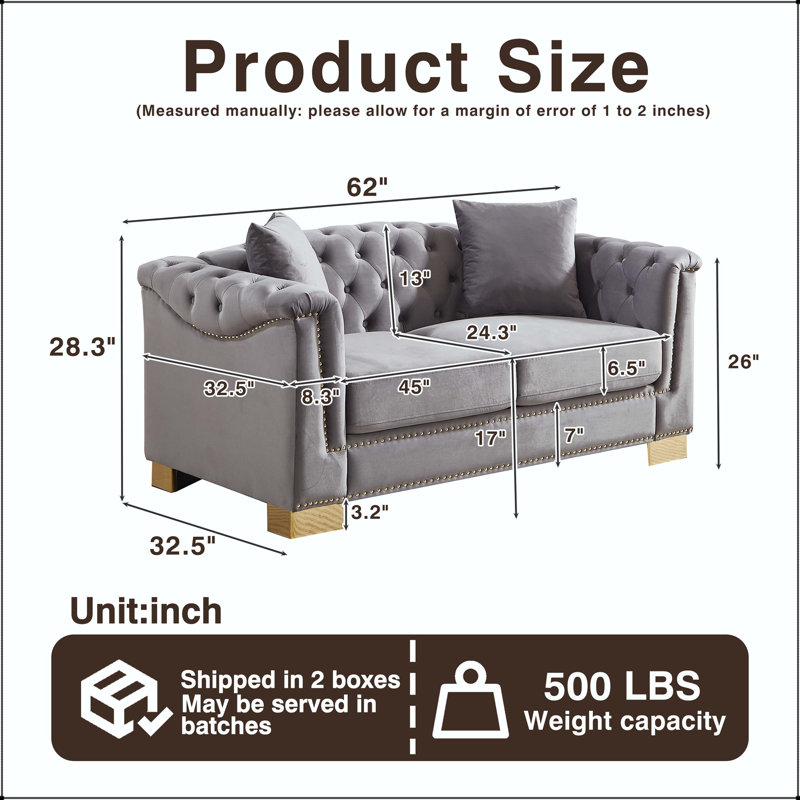 Causeuse Chesterfield 62 po Classic, Velours gris