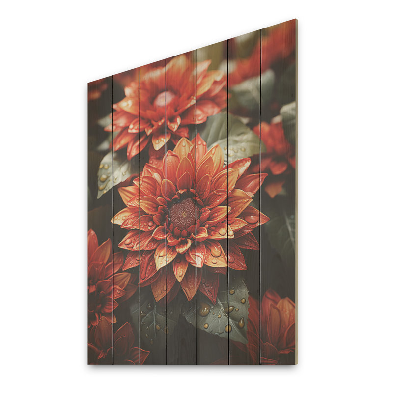 Tournesols rouges et oranges - tournesols sur bois, H 44 po x l 34 po