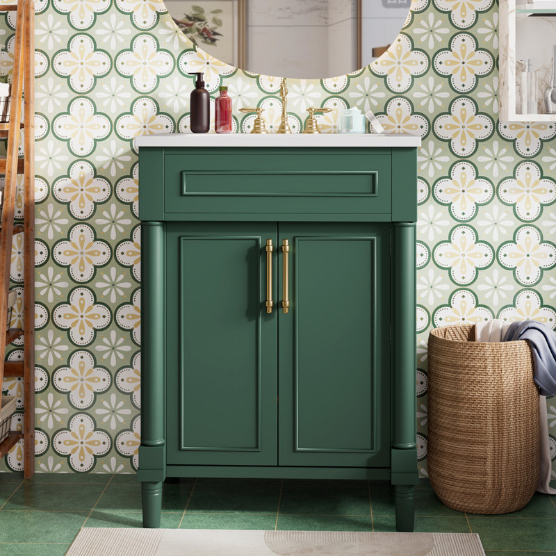 Meuble-lavabo de salle de bain avec lavabo en céramique intégré, Vert