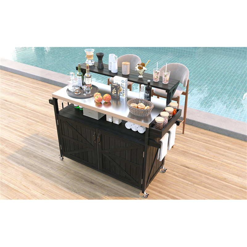 53.3" Outdoor Kitchen Island With Raised Shelf, Solid Wood Storage Cabinet With Stainless Steel Top, Outdoor Rolling Grill Cart With Internal Storage Rack, Adjustable Shelf, Spice Rack