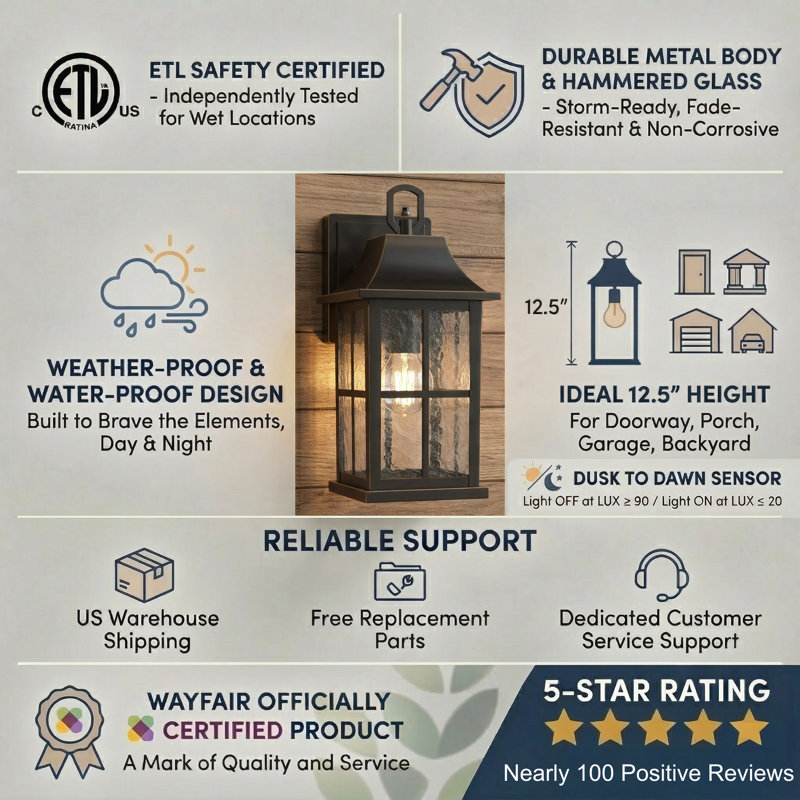 Zanyla 12.5"H Oil Rubbed Bronze Aluminum and Hammered Glass ETL Outdoor Wall Lantern with Dusk to Dawn, Oil Rubbed Bronze