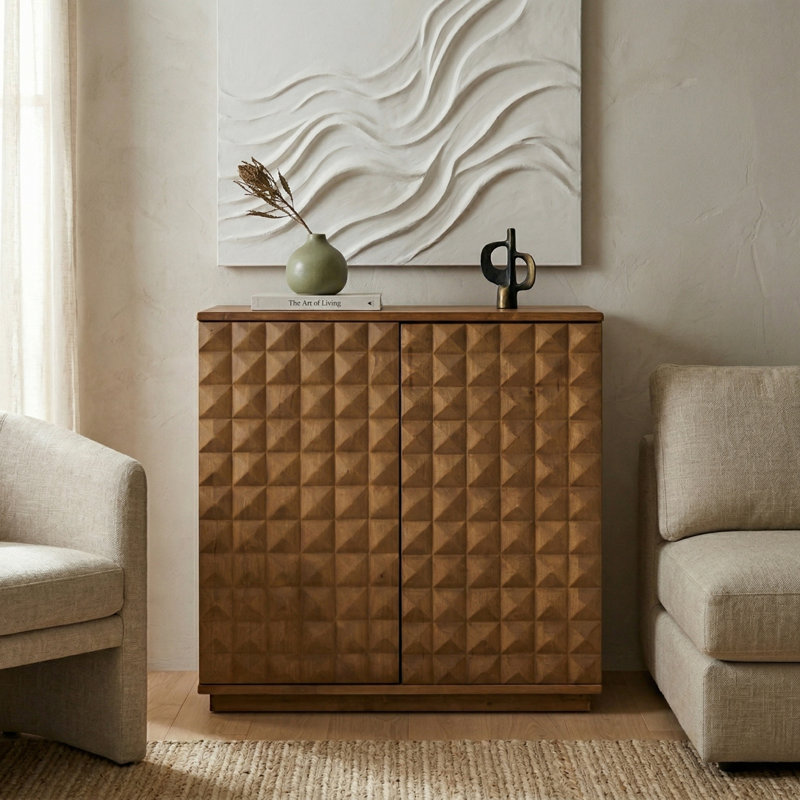 NTC Sapa 2 Door Storage Cabinet, Solid Wood Accent Cabinet with Hand-Carved 3D Doors, Modular Storage System, Expandable Cabinet for Living Room & TV Stand, Easy Assembly, Teak Look