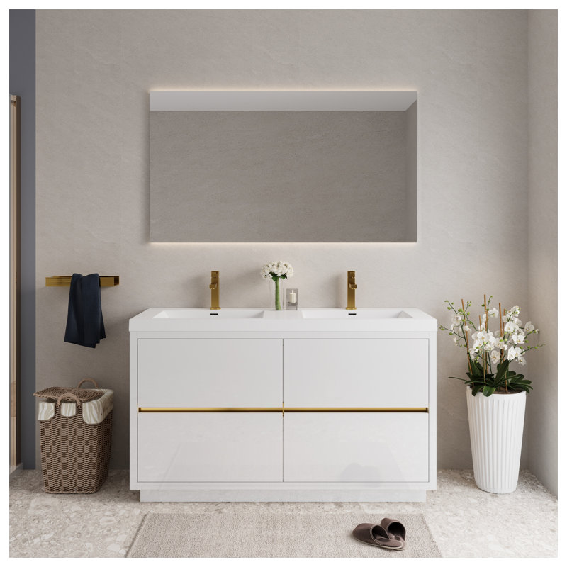 Meuble-lavabo autoportant de 152 cm (60 po) avec comptoir en résine de pierre et tiroirs à fermeture amortie, blanc lustré