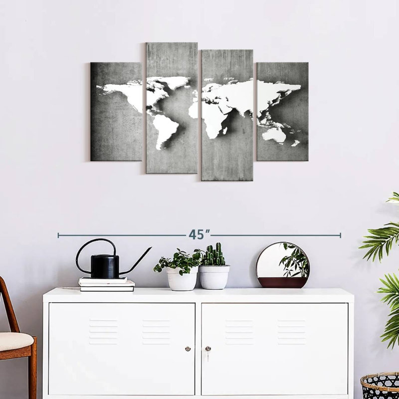 Carte du monde de fer - ensemble de 4 toiles tendues, H 36 po x l 22 po x P 1 po