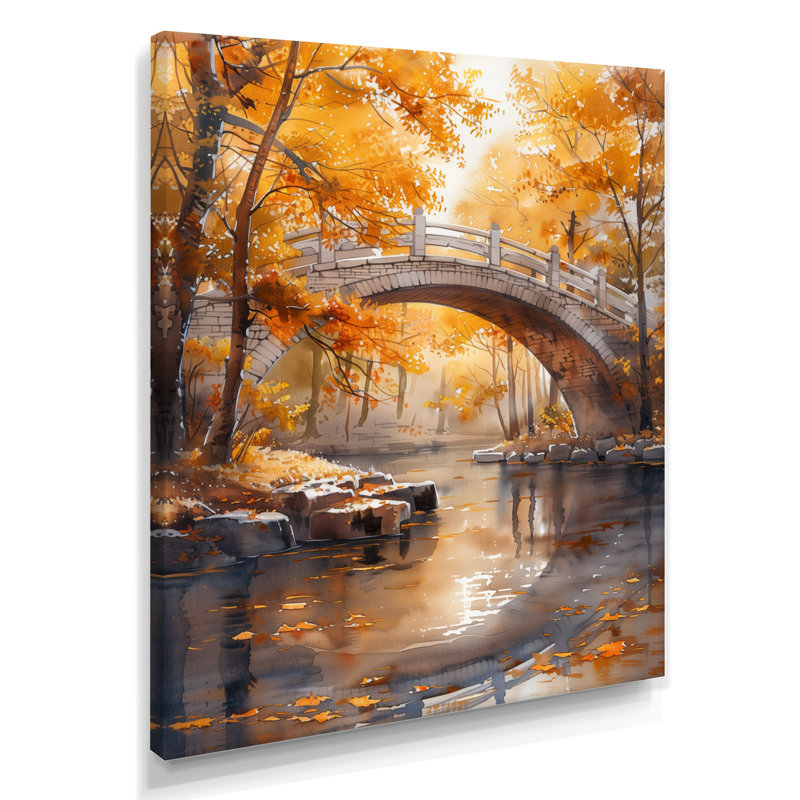 Décoration murale jaune et beige, automne, rivière de beauté IV - Ponts, Toile tendue, H 20 po x l 12 po x P 1 po