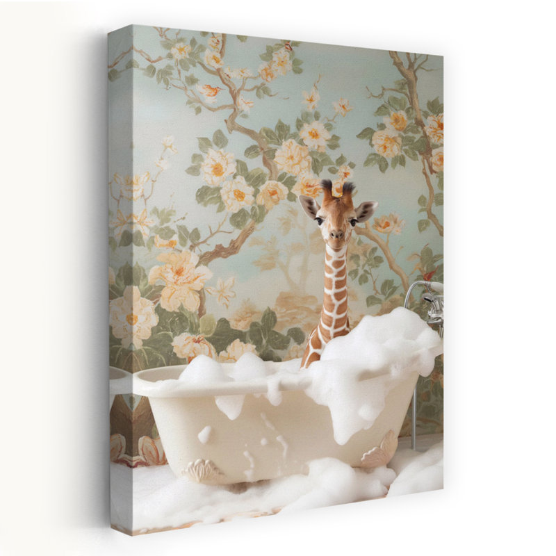 Baby Giraffe Bubble Bath Dreamy Elegant Playful Giraffe Wall Art Print by Niky Rahner - Wrapped Canvas Print
