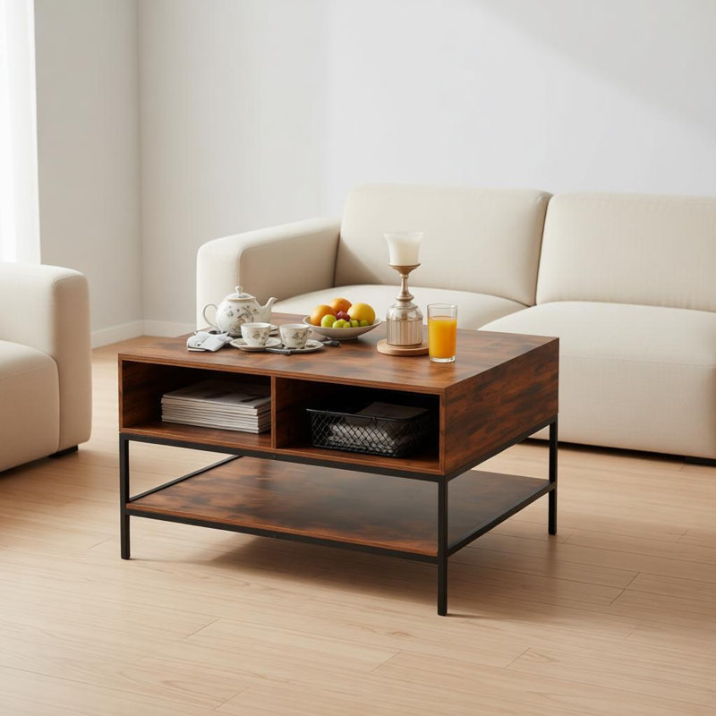 Table basse à plateau rabattable avec rangement Farmhouse - Table en grain de bois rustique de 31,5 po, compartiment de rangement caché pour le salon, structure en métal robuste - facile à assembler et à nettoyer