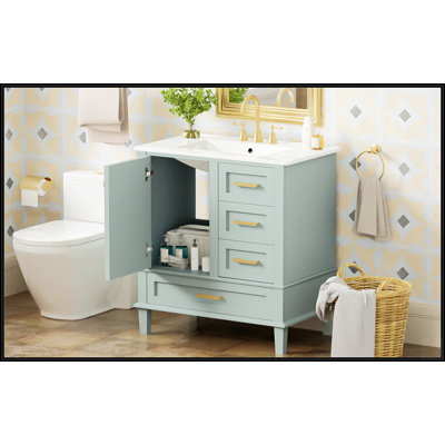 Meuble-lavabo moderne 30 po avec lavabo, porte à fermeture douce, 3 tiroirs et structure en bois massif vert