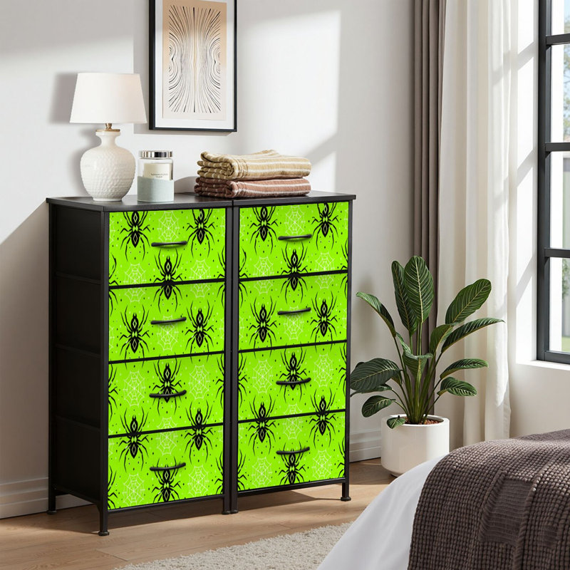 Commode à 4 tiroirs pour chambre, commode étroite avec plateau en bois et structure en fer robuste, 45,7 x 95,2 cm (L x H), motif gothique d'araignées noires, toiles d'araignées blanches et imprimé vert d'Halloween