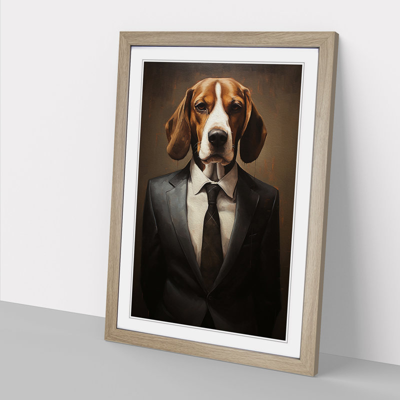 Beagle In A Suit - Single Picture Frame Print on Wood, Oak Framed, 46cm H x 34cm W x 2cm D