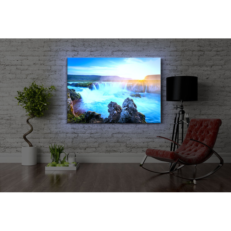 Idyllic Waterfalls At Sunset by No - Wrapped Canvas Print, 60cm H x 80cm W x 4.5cm D, With lighting