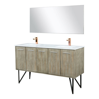 Ensemble de meuble-lavabo double en acacia rustique l 60 po x P 20 po, plateau en marbre de culture, robinet en or rose et miroir de 55 po