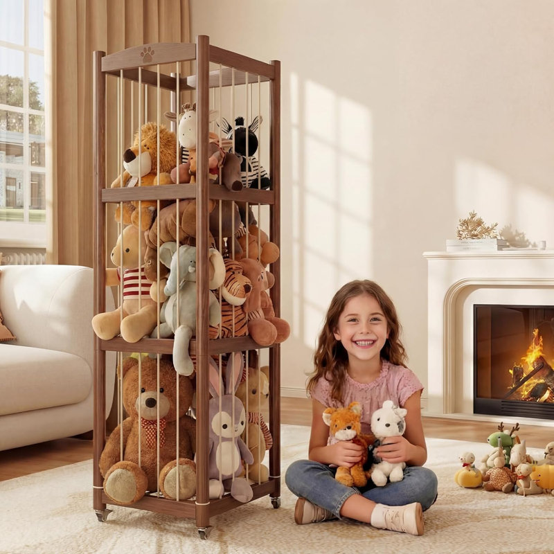 Stuffed Animal Storage Tower with Wheels, Vertical Plush Toy Organizer with Elastic Cords, Freestanding Kids Toy Storage for Nursery Playroom Bedroom