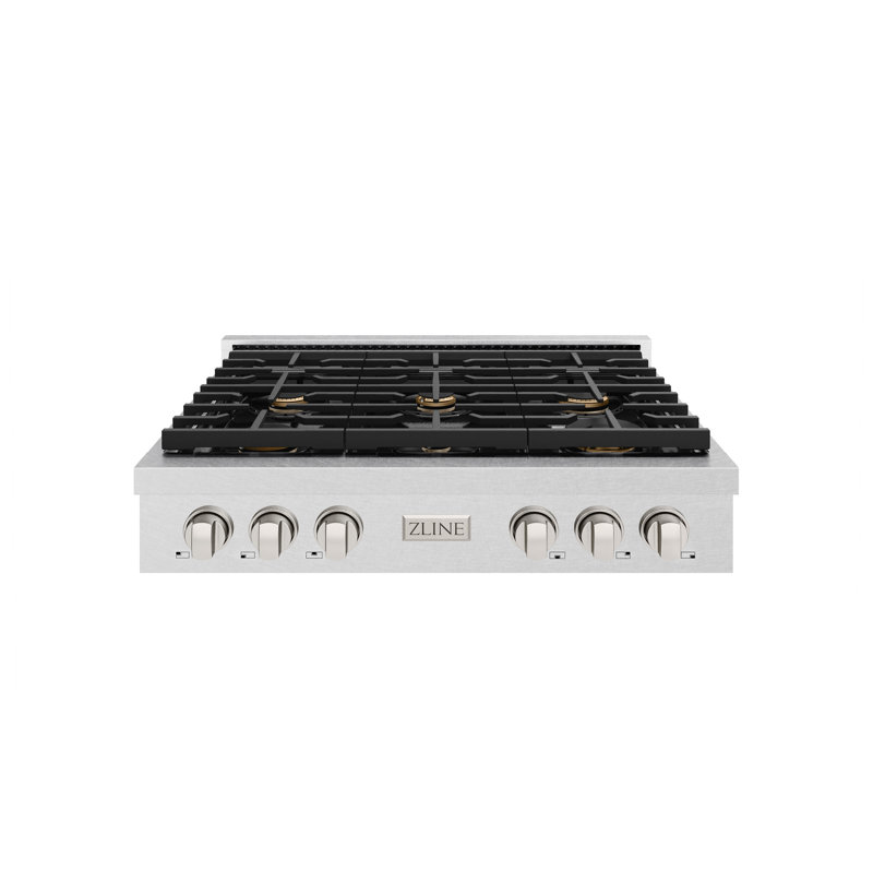 ZLINE 36 in. Autograph Paramount Gas Rangetop in DuraSnow® Steel w/ Bronze Accents, Satin Stainless Steel/Brass Burners